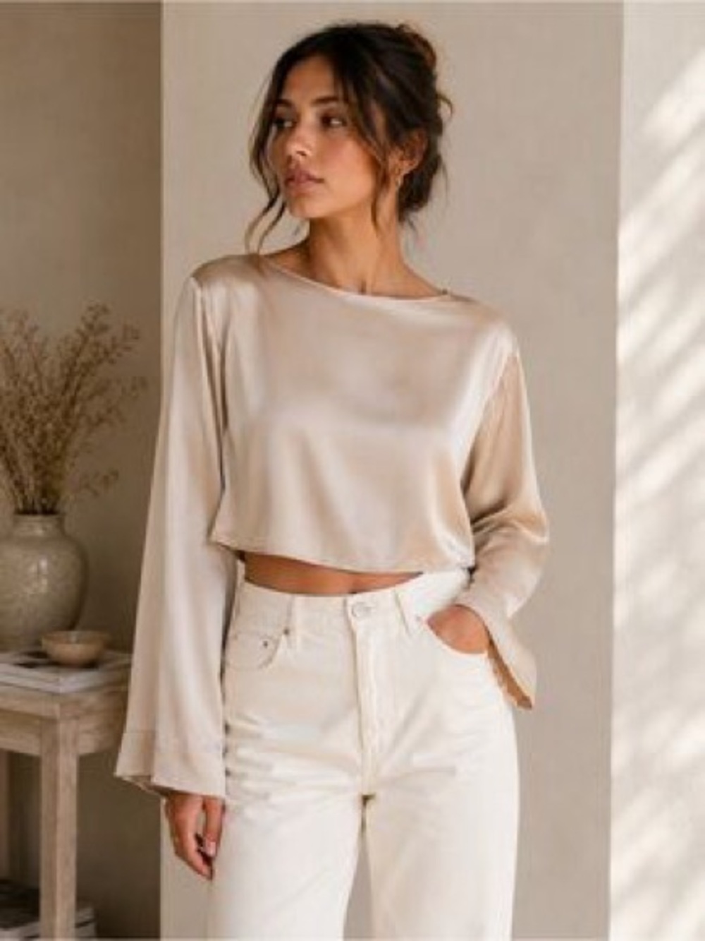 Dynamite Gianna Crewneck Satin Long Sleeve Crop Blouse (Small)